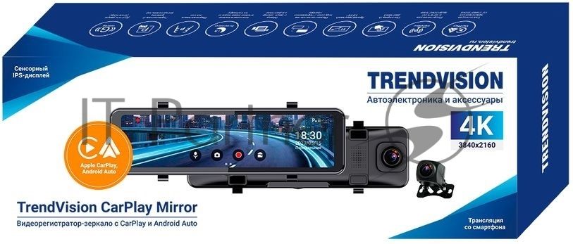 Видеорегистратор TrendVision CarPlay Mirror, 3840x2160, 11", с камерой заднего вида, G-сенсор, датчик движения