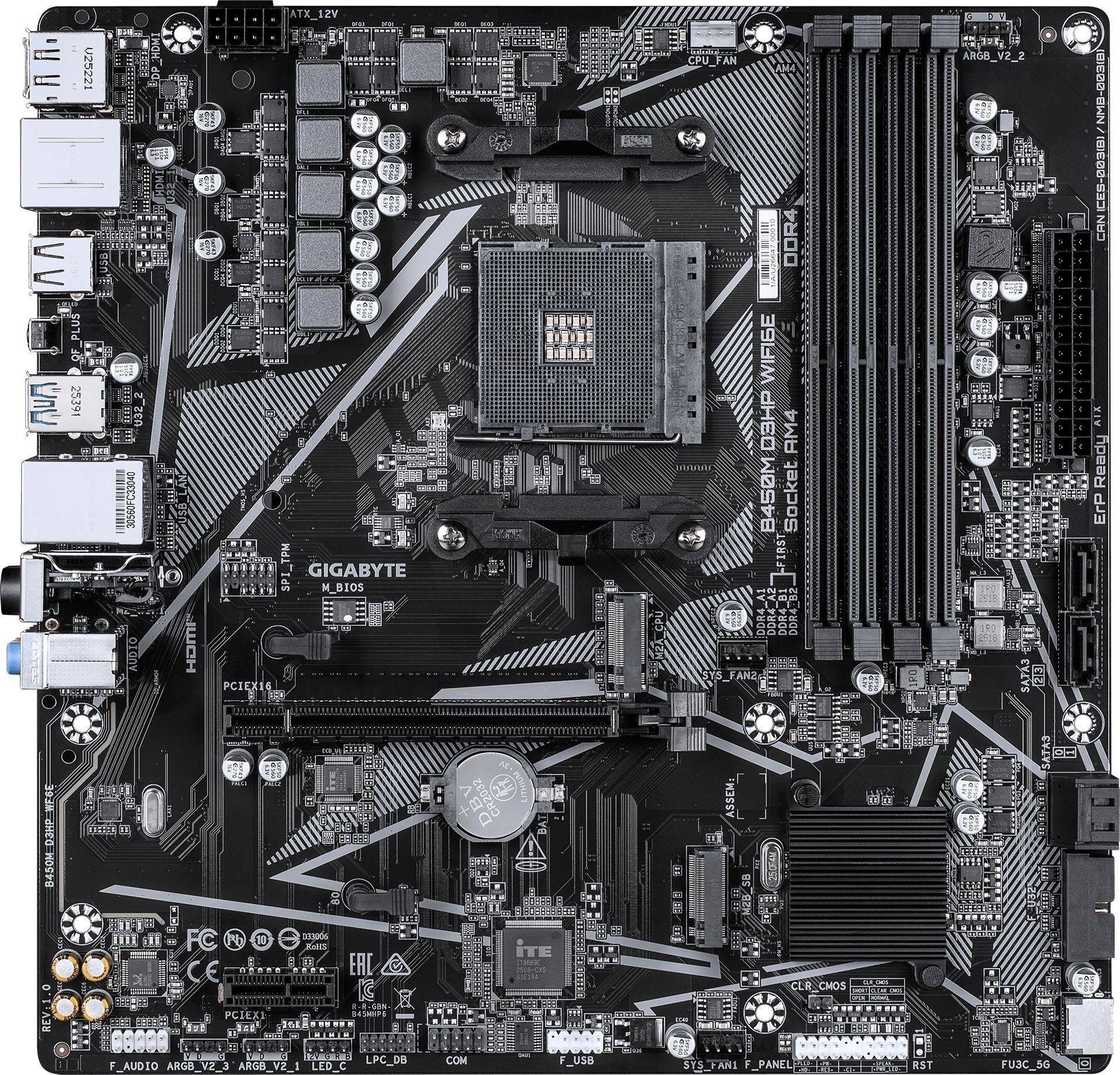 Материнская плата Gigabyte B450M D3HP WIFI6E, AM4, AMD B450, 4xDDR4, 4xSATA 6Gb/s, 2xM.2, 1xPCIe 3.0 x16, 1xPCIe 2.0 x1, 2xHDMI, 1xDisplayPort, 1x1Gb LAN, 4xUSB 3.2 Gen 1, 3xUSB 2.0, 3x3.5 мм, 7.1, microATX