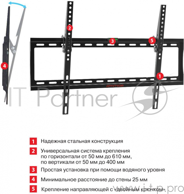 Кронштейн для TV Arm media STEEL-2 new черный, настенный, 32"-90", max 40 кг, 1 ст св., нак. 0°-15°, от ст. 28,5 мм, max VESA 600x400 мм.