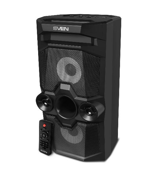 Мобильные колонки SVEN PS-655 2.0 черные (2x25W, mini Jack, USB Type-C, USB flash, Bluetooth, FM, micro SD, ПДУ, LED экран, 4400 мA, RGB подсветка)