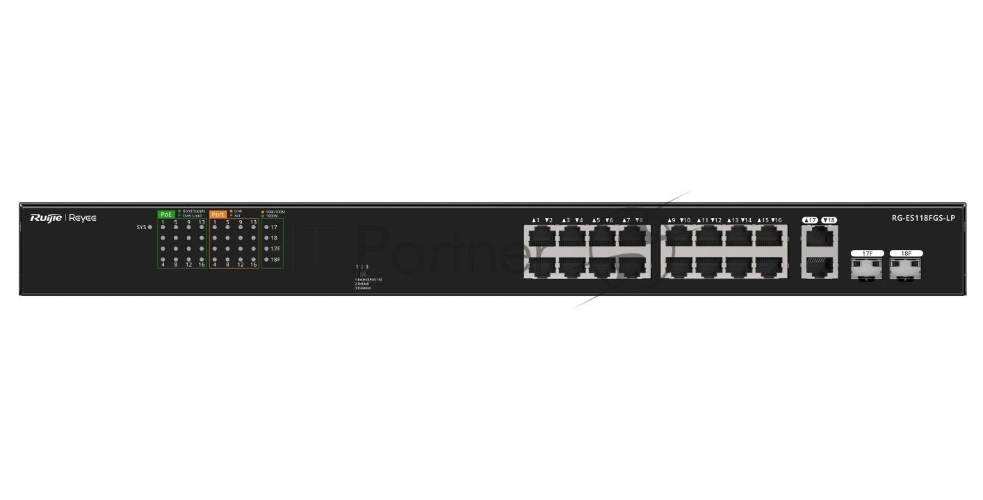 Коммутатор Ruijie Reyee RG-ES118FGS-LP, 16×100 Мбит/с PoE + 2×1 Гбит/с Комбо (RJ45/SFP), неуправляемый