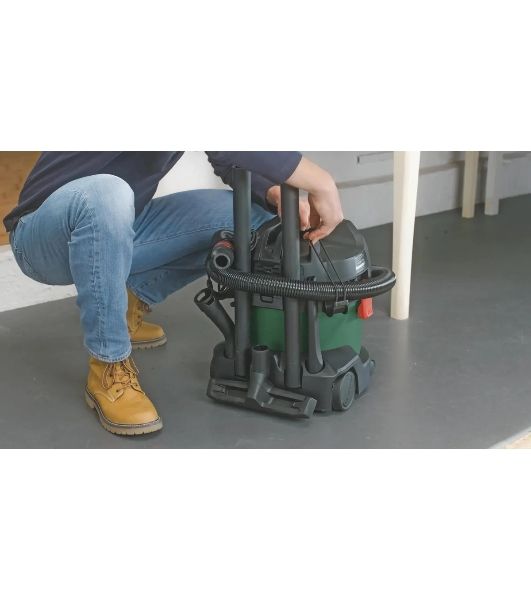 Строительный пылесос Bosch UniversalVac15 зеленый, 1000 Вт, уборка сухая/влажная, пылесборник контейнер, 15 л