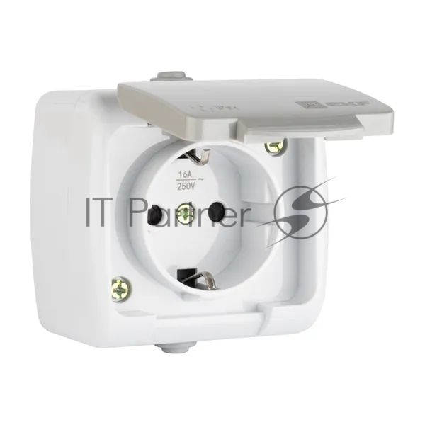 Розетка EKF Мурманск EFR16-029-30-54 1-местная 16А с заземлением с крышкой IP54 серый с защитными шторками