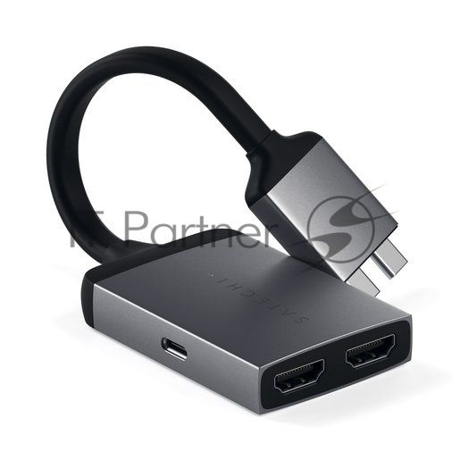 Адаптер Satechi Type-C Dual HDMI Adapter для MacBook с двумя портами USB-C (2019/2018 MacBook Pro, 2018 MacBook Air, 2018 Mac Mini). Порты 2 x HDMI 4K 60Hz, 1 x USB-C PD. Цвет серый космос.