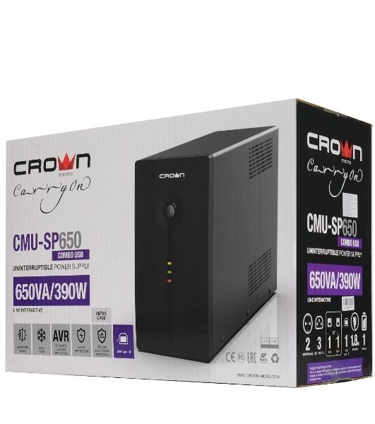 Источник бесперебойного питания Crown CMU-SP650COMBO/650 ВА/390 Вт/2 х CEE 7 (евророзетка), 3 x IEC 320 C13 (компьютерная)