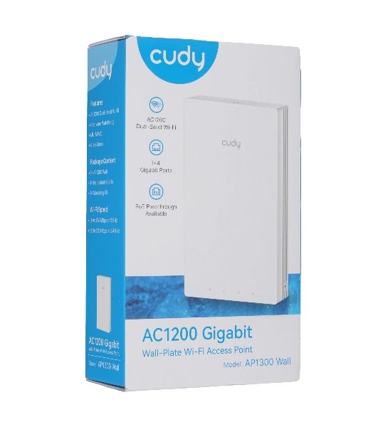 Точка доступа Wi-Fi Cudy AC1200 Gigabit Wall-Plate Access Point AC1200 Dual Band Gigabit Wall Plate Access Point, MT7621DAN+MT7613B+MT7603E, 867Mbps at 5GHz + 300Mbps at 2.4GHz, 1 x Gigabit PoE-IN Port, 802.3af/at, 4 x Gigabit RJ45 ports, LAN1 support PoE