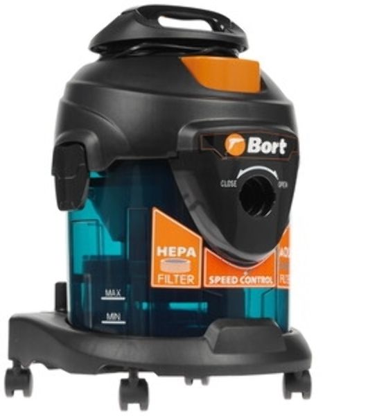 Строительный пылесос Bort BSS-1415-Aqua черный/синий, 200/1400 Вт, уборка сухая/влажная, пылесборник мешок/контейнер, 15 л