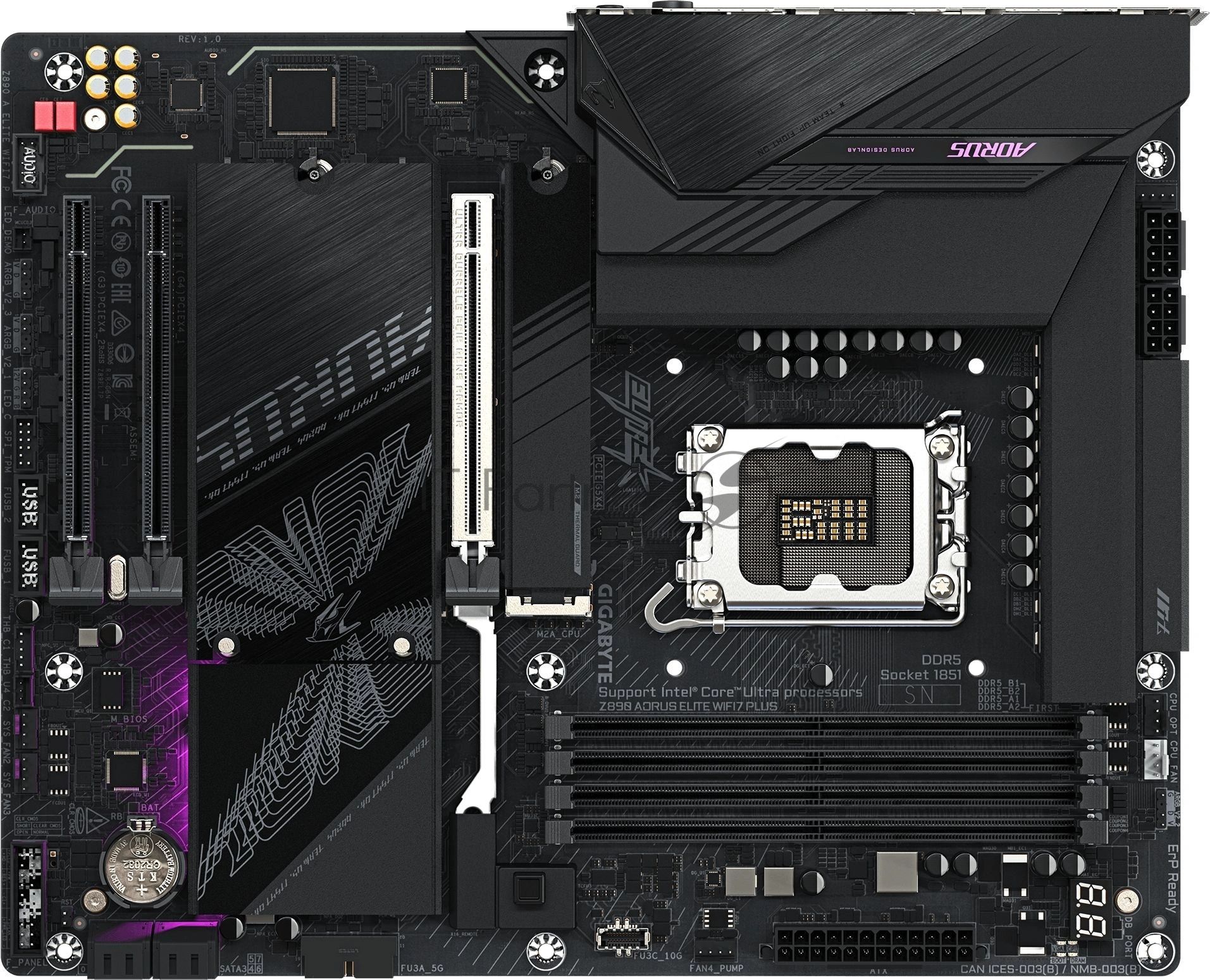 Материнская плата Gigabyte Z890 AORUS ELITE WIFI7 PLUS, LGA1851, Intel Z890, 4xDDR5, 4xSATA, 1xPCIe 5.0 x16, 2xPCIe 4.0 x4, 1xDisplayPort, 1xUSB4 Type-C, 1x 5Gb LAN, 2xUSB 3.2 Gen 2, 3xUSB 3.2 Gen 1, 4xUSB 2.0, 2x3.5 мм, 7.1, ATX