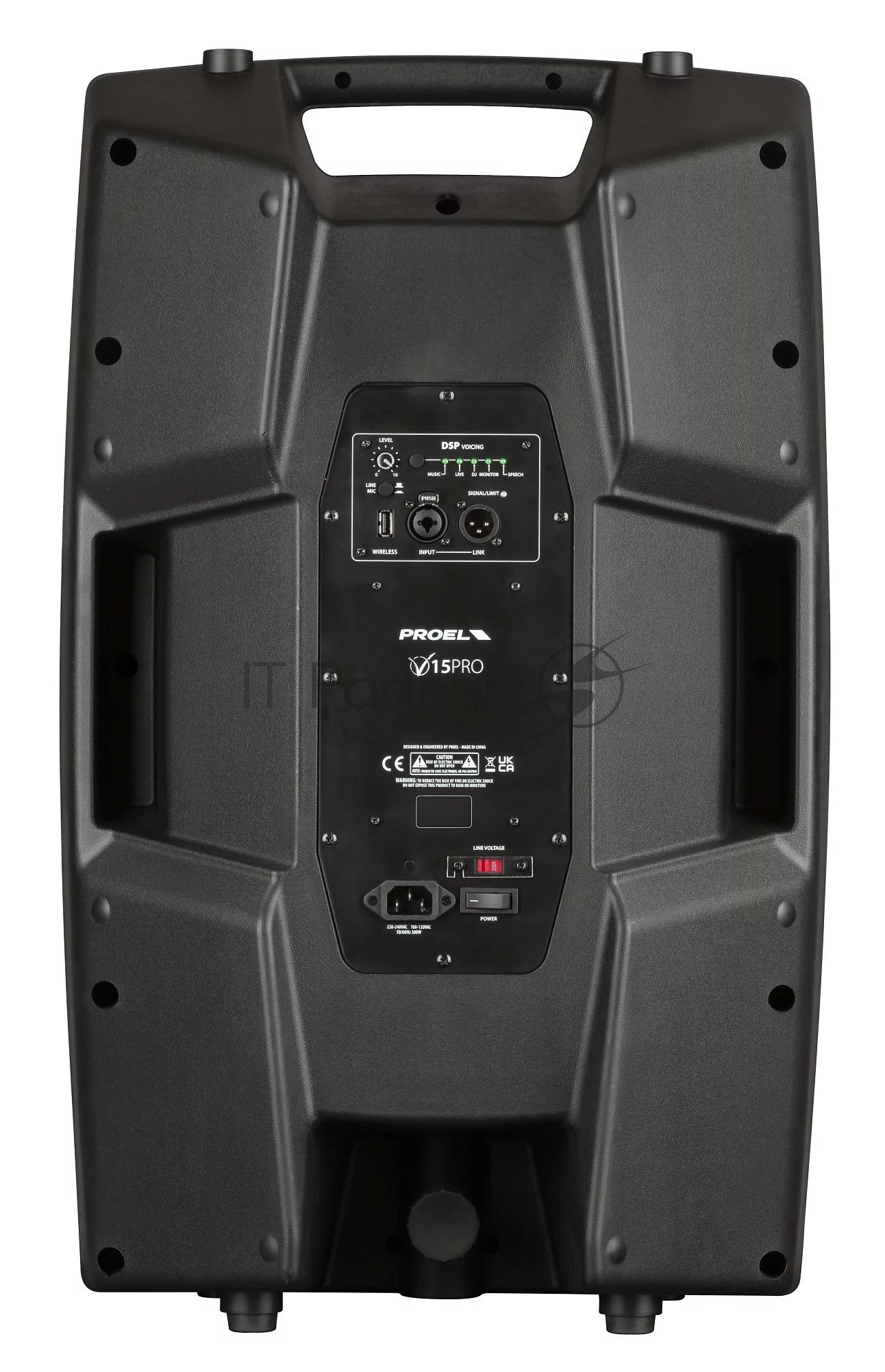 Активная акустическая система PROEL V15PRO 2-х полосная, НЧ динамик 15", ВЧ динамик 1", DSP, мощность пик./ном. 600/300 Вт, АЧХ 45-20000 Гц, макс. SPL 126 дБ, Combo XLR/TRS мик./лин. вход, XLR лин. выход, USB-A порт для радиосистем U24B/U24H