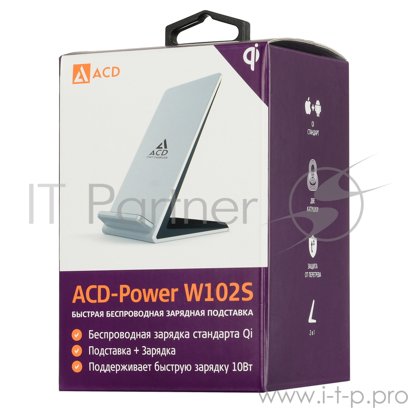 Сетевое зарядное устройство ACD-W102S-F1S 10Вт, беспроводная Qi, 2-катушки с QC, 5В/2А ~ 9В/1,8А RTL