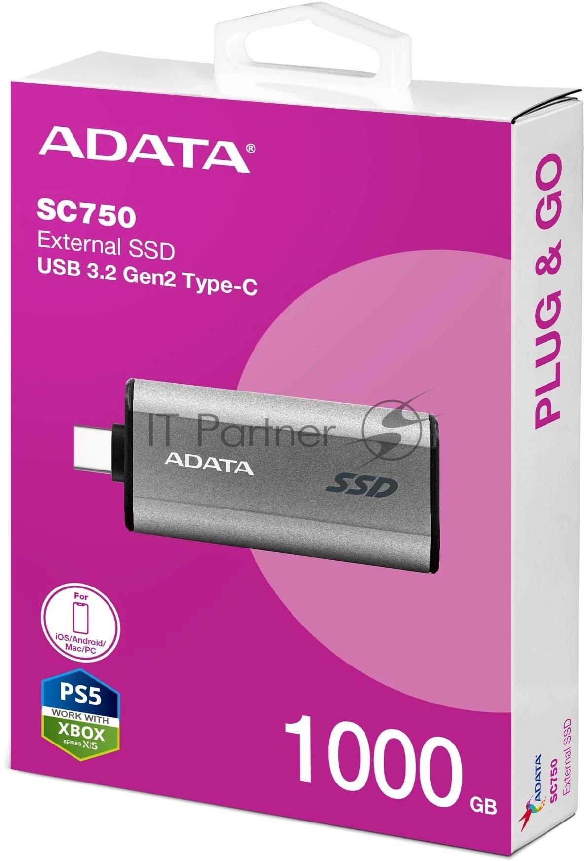 Внешний SSD ADATA SC750, 1TB, USB 3.2 Gen 2 Type-C, R/W 1050/1000, черный