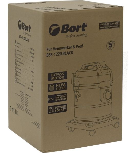 Строительный пылесос Bort BSS-1220 черный (93412598) 240/1200 Вт, уборка сухая/влажная, пылесборник мешок/контейнер, 20 л