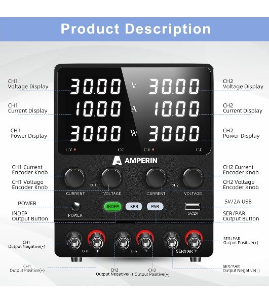 Лабораторный блок питания двухканальный Amperin AI-W3010x2C 30V, 10A, 0,6 кВт