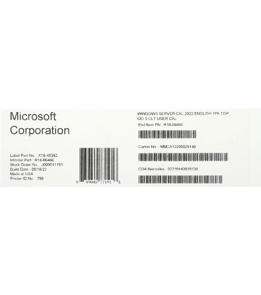 Операционная система Microsoft Windows Server CAL 2022 English 1pk DSP OEI 5 Clt User CAL (R18-06466)