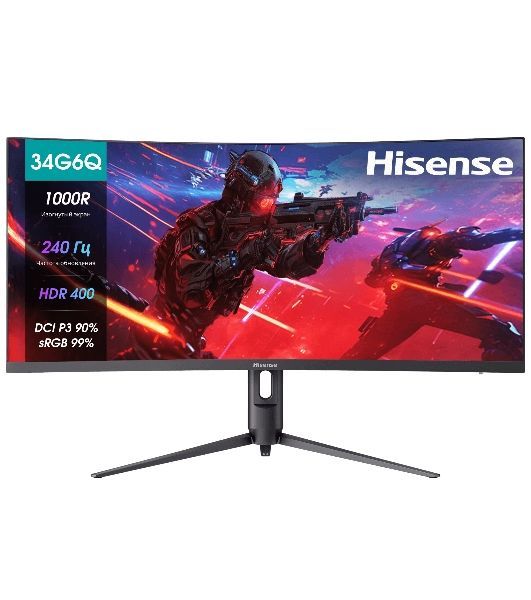 Монитор Hisense/ 34"/3440x1440, изогнутый, VA/ELED, 21:9, матовое/антибликовое, 240Гц, время отклика 1мс, 320кд/м2, 3000:1, встроенные колонки 2*3Вт, HDR 400, DisplayPort,  HDMIх2, разъем для наушников 3.5мм, rotatable lifting