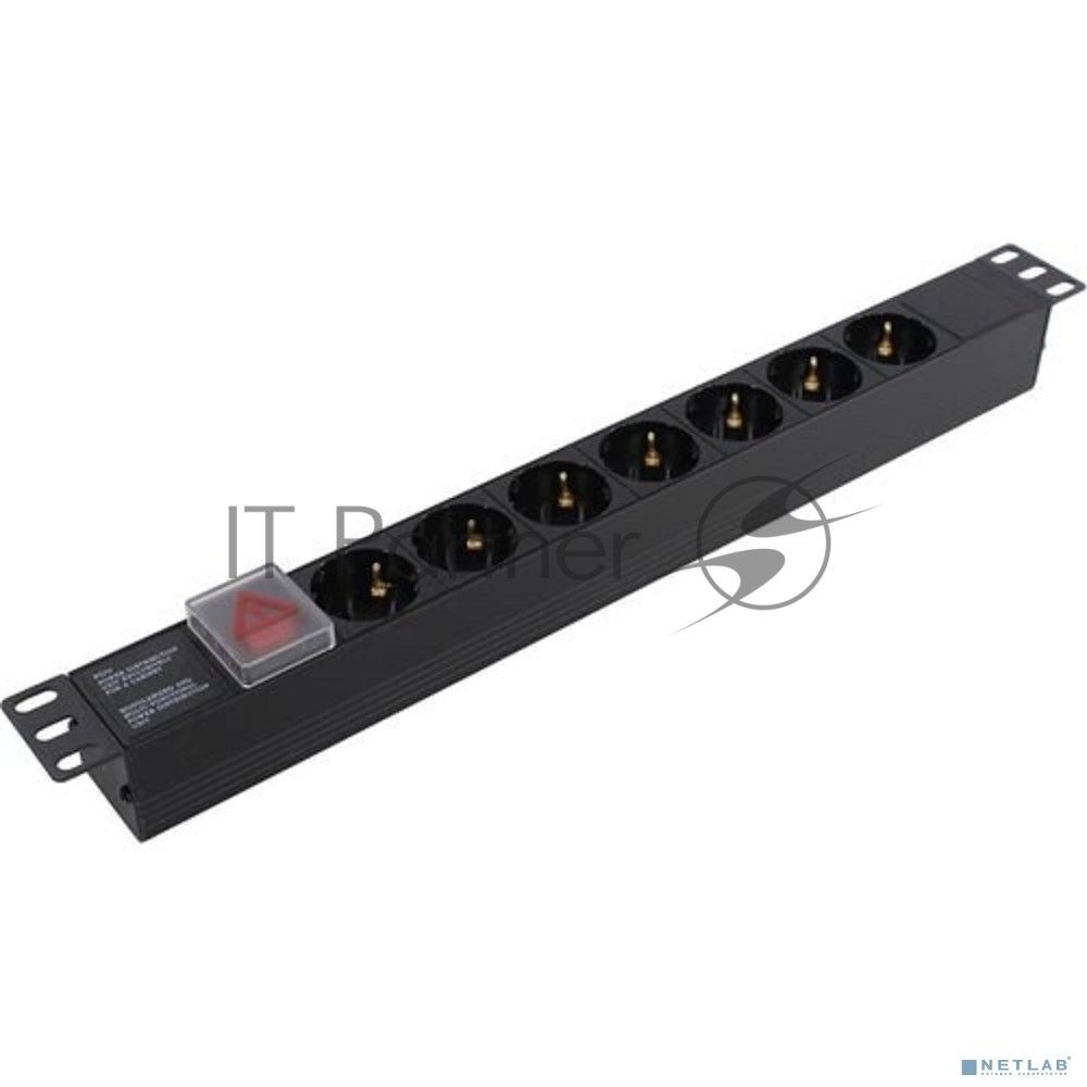 Блок розеток горизонтальный ExeGate ServerPro PDU-19H703 Al-7S-C20-SW, 19", 1U, Алюминий, 7 Schuko, С20, выкл. с подсветкой, черный