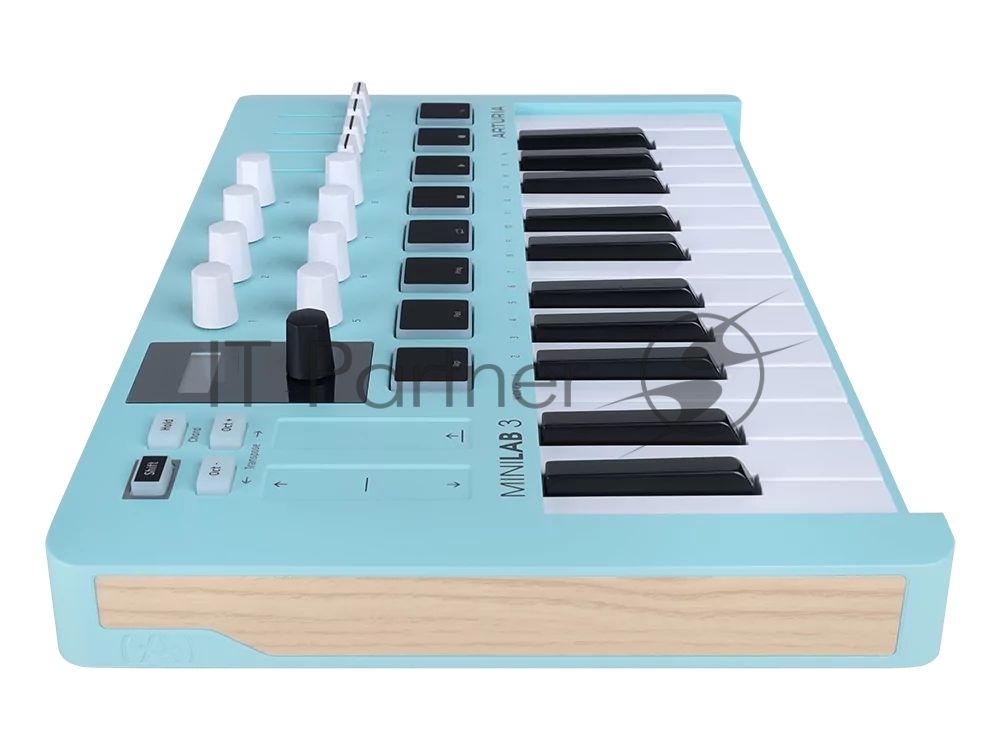 Клавиатура MIDI 231599 Arturia MiniLAB 3 Aquamarine 25 клавиш, 8 энкодеров, 8 RGB пэдов, 8 фейдеров, дисплей, сенсорные регуляторы Pitch/Modulation, MIDI-выход, 1/4" Jack вход педали, режим Chord, арпеджиатор, USB-C