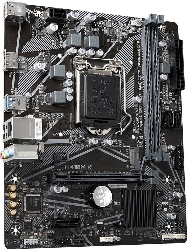 Материнская плата Gigabyte H410M K, LGA1200, Intel H470, 2xDDR4, 2xSATA 6Gb/s, 1xM.2, 1xPCIe 3.0 x16, 1xPCIe 3.0 x1, 1xHDMI, 1x 1Gb LAN, 2xUSB 3.2 Gen 1, 4xUSB 2.0, 3x3.5 мм, 7.1, microATX