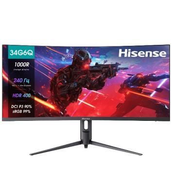 Монитор Hisense/ 34"/3440x1440, изогнутый, VA/ELED, 21:9, матовое/антибликовое, 240Гц, время отклика 1мс, 320кд/м2, 3000:1, встроенные колонки 2*3Вт, HDR 400, DisplayPort,  HDMIх2, разъем для наушников 3.5мм, rotatable lifting
