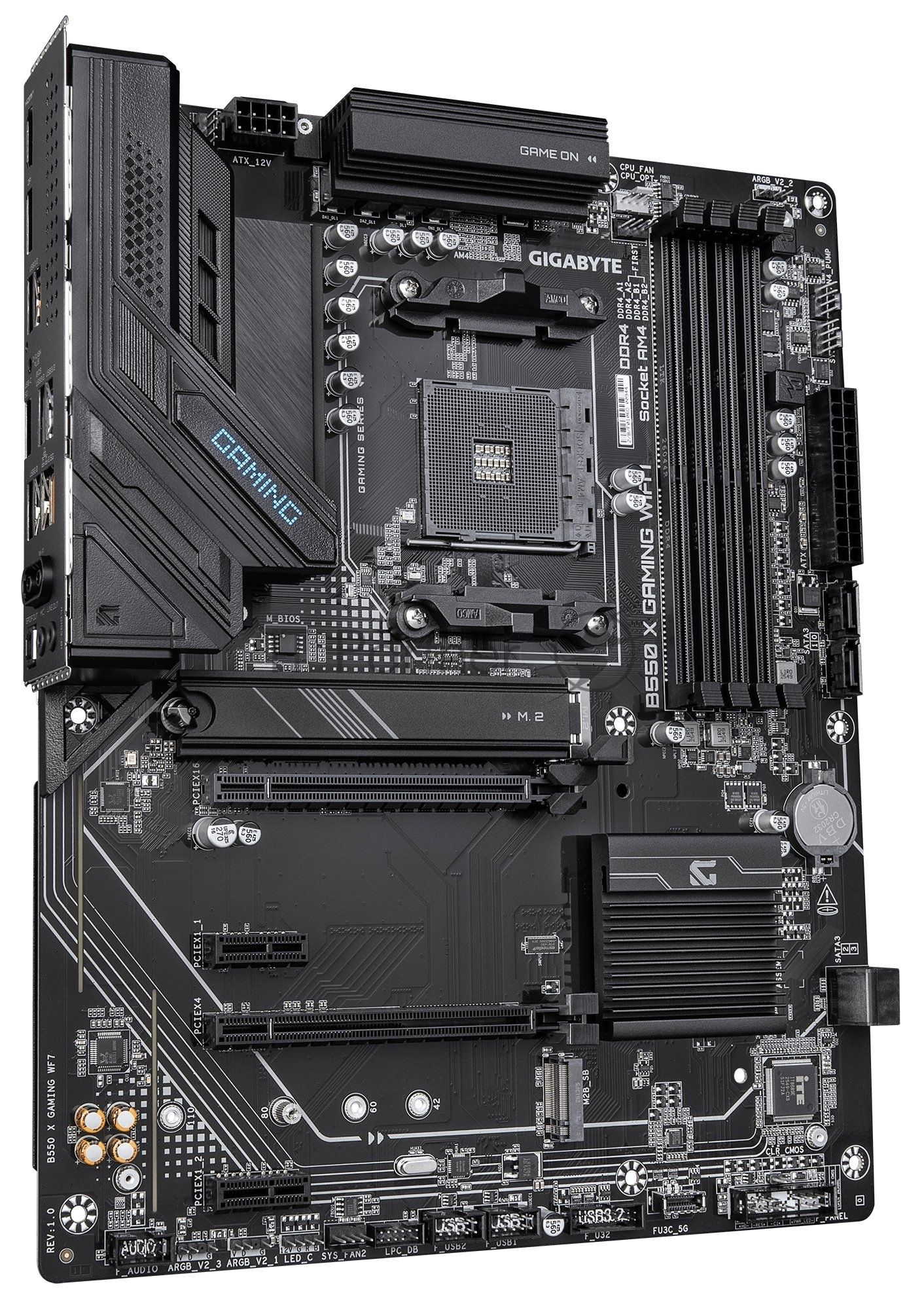 Материнская плата Gigabyte B550 X GAMING WIFI7, AM4, AMD B550, 4xDDR4, 4xSATA, 2xM.2, 1xPCIe 4.0 x16, 1xPCIe 3.0 x4, 2xPCIe 3.0 x1, 1xHDMI, 1xDisplayPort, 1x2.5Gb LAN, 1xUSB 3.2 Gen2, 4xUSB 3.2 Gen1, 1xUSB Type-C, 2xUSB 2.0, 2x3.5 мм, 7.1, ATX