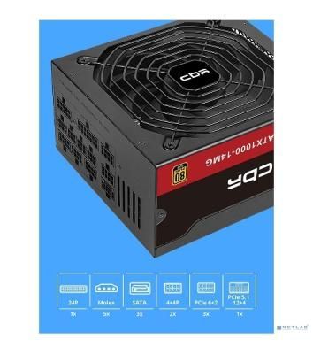 Блок питания CBR ATX 1000W 80+ Gold, Full Modular, DC-DC, APFC, 24pin, 1*PCIE5.1(12+4pin), 2*8-pin(4+4P), 3*6+2pin, 3*SATA, 5*IDE, 14cm fan, 1.5м кабель питания, черный [PSU-ATX1000-14MG] BOX