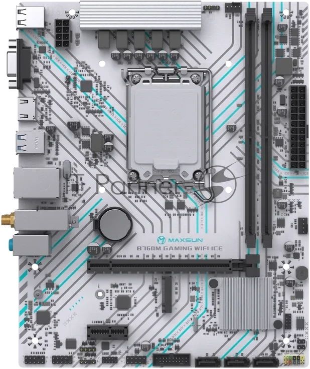 Материнская плата Maxsun B760M GAMING WIFI ICE, LGA 1700, Intel B760, 2xDDR4, 3xSATA, 1xM.2, 1xPCIe 4.0 x16, 1xPCIe x1, 1xVGA, 1xHDMI, 1x1Gb LAN, Wi-Fi 5, Bluetooth 4.2, 2xUSB-A 5Gbps, 4xUSB-A 2.0, 3x3.5 мм, 7.1, белый, mATX