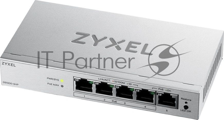 Коммутатор ZYXEL GS1200-5HPV3-EU0101F, 5×1 Гбит/с, 4×PoE+, 68 Вт, управляемый