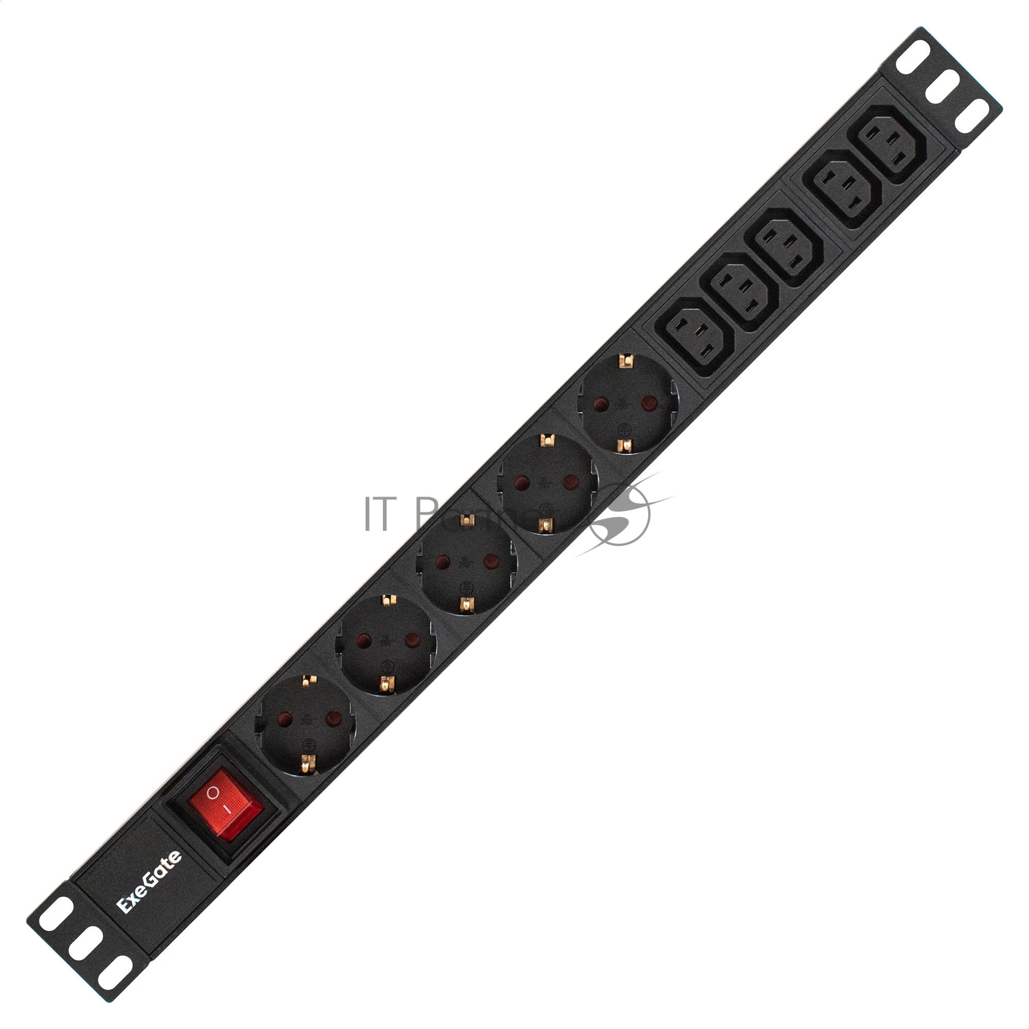 Блок розеток горизонтальный ExeGate ServerPro PDU-19H009 Al-5C135S-EU2.5-SW, 19", 1U, Алюминий, 5 IEC 320 C13, 5 Schuko, кабель с евровилкой VDE-250V-16A-3*1.5мм2, 2.5 метра, выкл. с подсветкой, черный