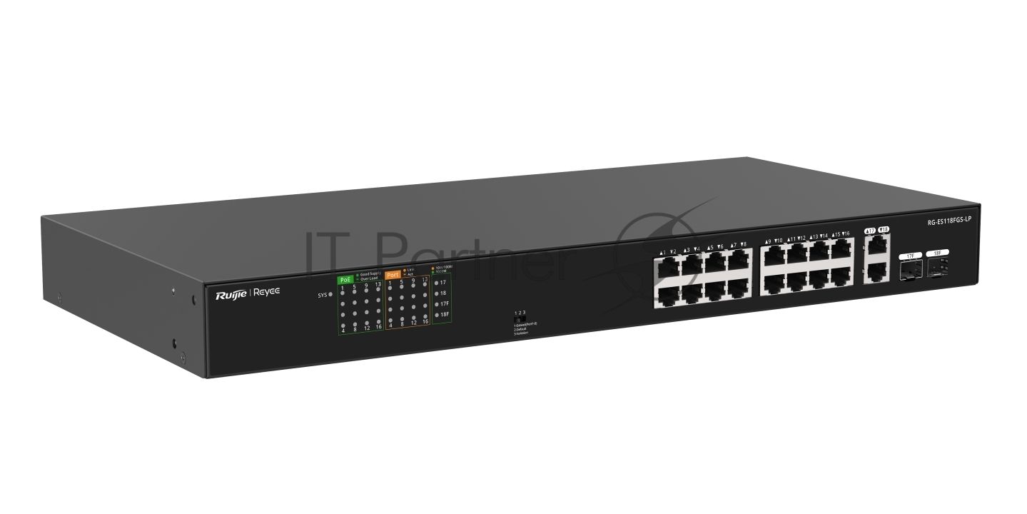 Коммутатор Ruijie Reyee RG-ES118FGS-LP, 16×100 Мбит/с PoE + 2×1 Гбит/с Комбо (RJ45/SFP), неуправляемый