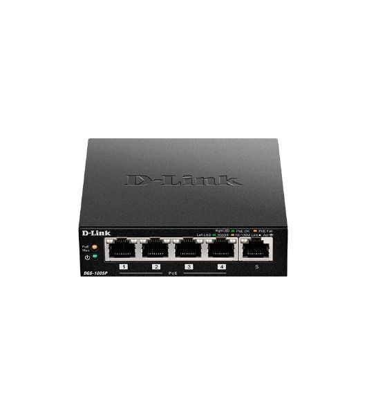 Неуправляемый коммутатор D-Link DGS-1005P/L (ревизия A1) с 5 портами 10/100/1000Base-T (4 порта PoE 802.3af/at, PoE-бюджет 60 Вт)