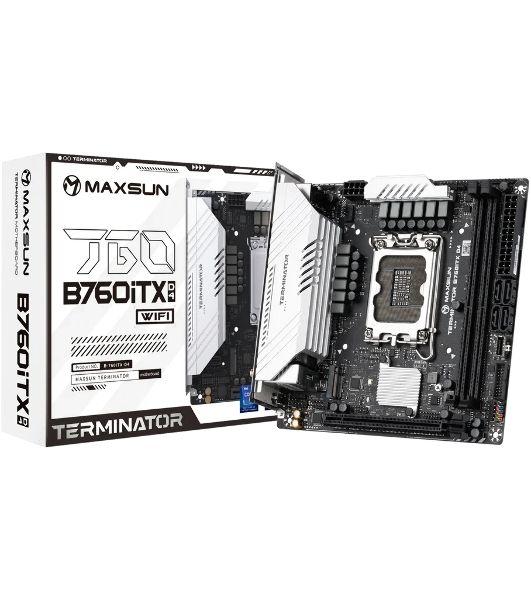 Материнская плата Maxsun Terminator B760ITX D4 WIFI V3, LGA 1700, Intel B760, 2xDDR4 (до 64 ГБ), 4xSATA, 2xM.2 (PCIe 4.0 x4), 1xPCIe 5.0 x16, 1xHDMI, 1xDP, 1x2.5Gb LAN, Wi-Fi 6E, Bluetooth 5.3, 1xUSB-C 20Gbps, 4xUSB-A 5Gbps, 4xUSB-A 2.0, 3x3.5 мм, 7.1, чё