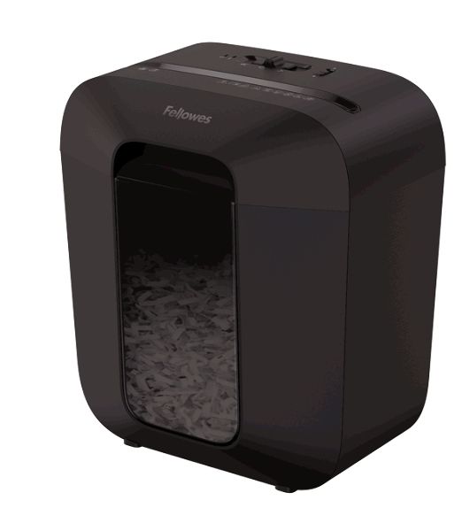 Шредер Fellowes PowerShred LX25 черный (секр.P-4)/перекрестный/6лист./11.5лтр./скрепки/скобы/пл.карты