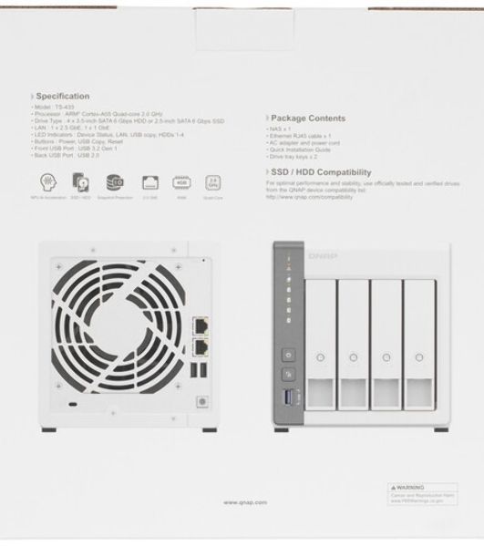 Сетевое хранилище SMB QNAP TS-433-4G NAS 4 HDD trays. ARM 4-core Cortex-A55 2.0GHz, ram 4 Gb (max), 1x1GbE, 1x2.5GbE, 2xUSB 2.0 port,1xUSB 3.2 Gen 1
