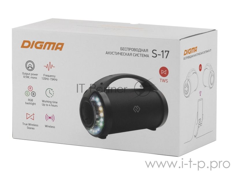 Колонка портативная Digma S-17 черный 8.5W 1.0 BT/3.5Jack/USB 10м 1500mAh