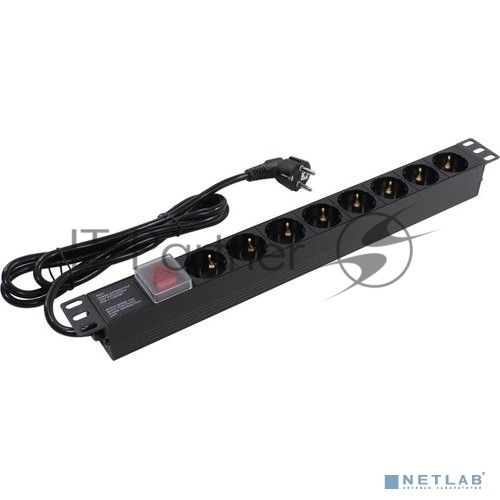 Блок розеток горизонтальный ExeGate ServerPro PDU-19H803 Al-8S-EU2-SW, 19", 1U, Алюминий, 8 Schuko, кабель с евровилкой VDE-250V-16A-3*1.5мм2, 2 метра, выкл. с подсветкой, черный