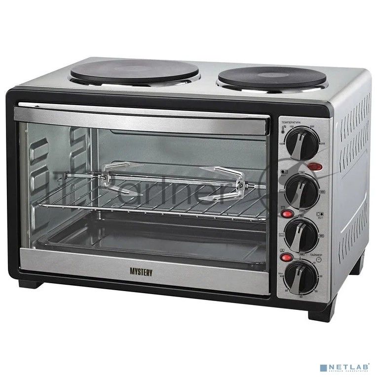 Мини-печь Mystery MOT-3330 (нержавеющая сталь, 1500 Вт, 2 конфорки, гриль, съемный вертел)