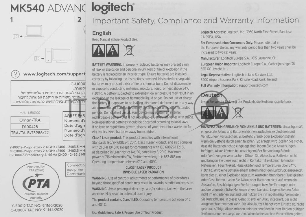 Комплект клавиатура+мышь Logitech MK540 Advanced беспроводной, USB, 1000 DPI, чёрный