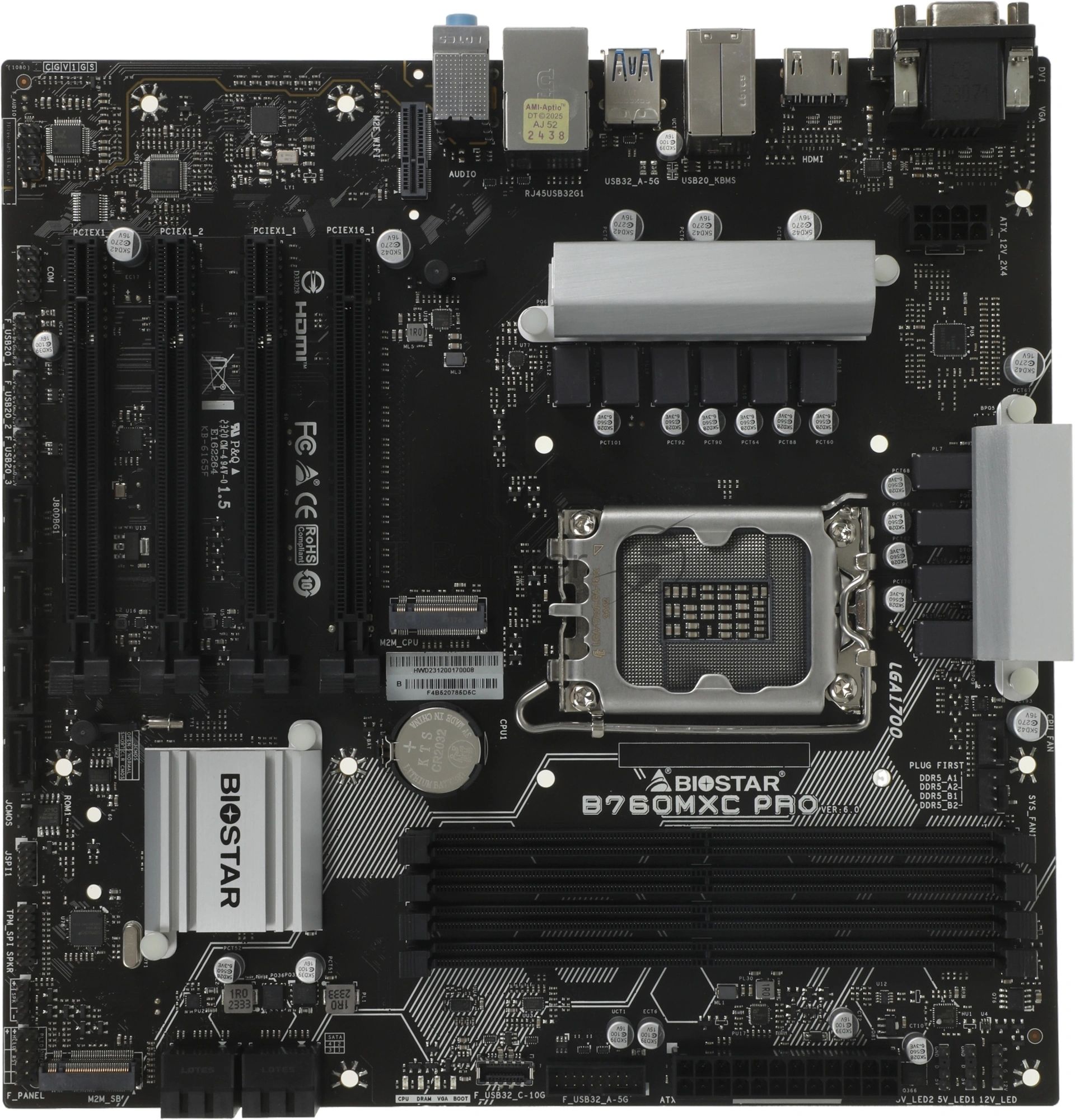 Материнская плата Biostar B760MXC PRO, LGA1700, Intel B760, 4xDDR5, 8xSATA, 2xM.2, 1xPCIe 4.0 x16, DVI-D, HDMI, D-Sub, 1x2.5Gb LAN, 3x3.5 мм, 7.1, microATX
