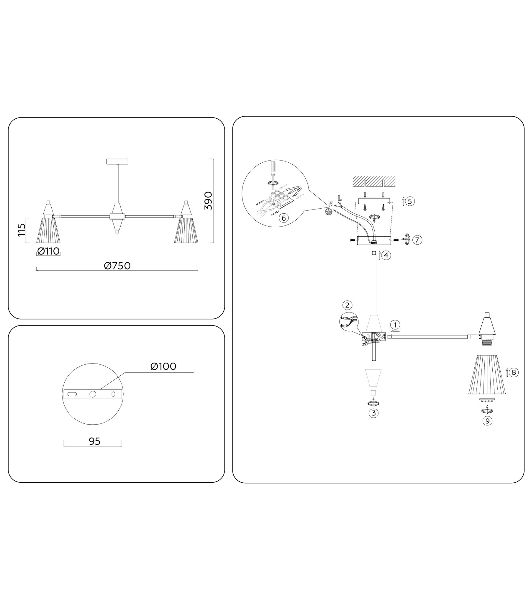 Люстра Ambrella light LH58116/7 BK/LW/SM черный/светлое дерево/дымчатый E14*7 max 40W D750*390