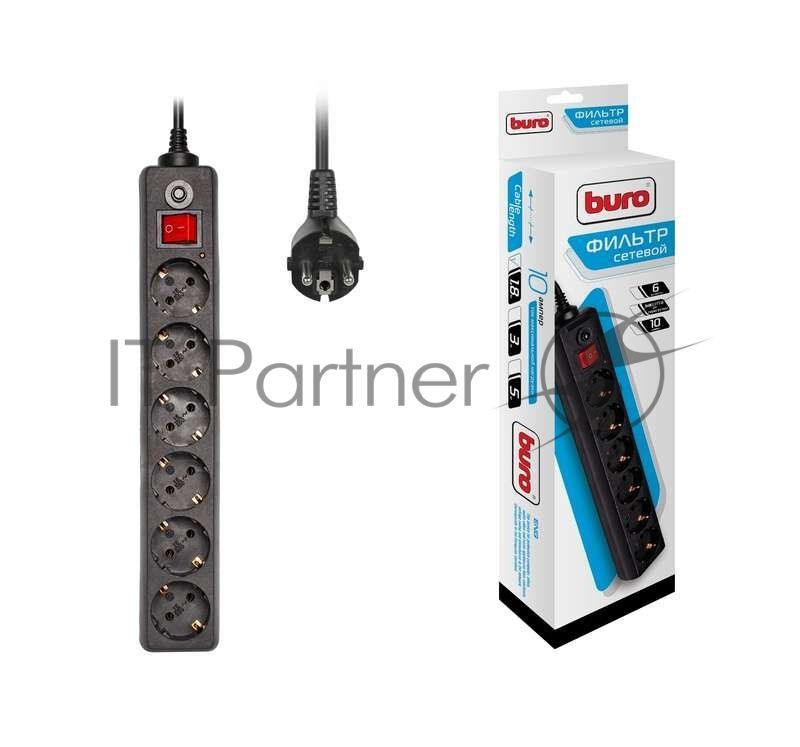 Сетевой фильтр Buro 600SH-1.8-B 1.8 м, 6 розеток, черный, коробка