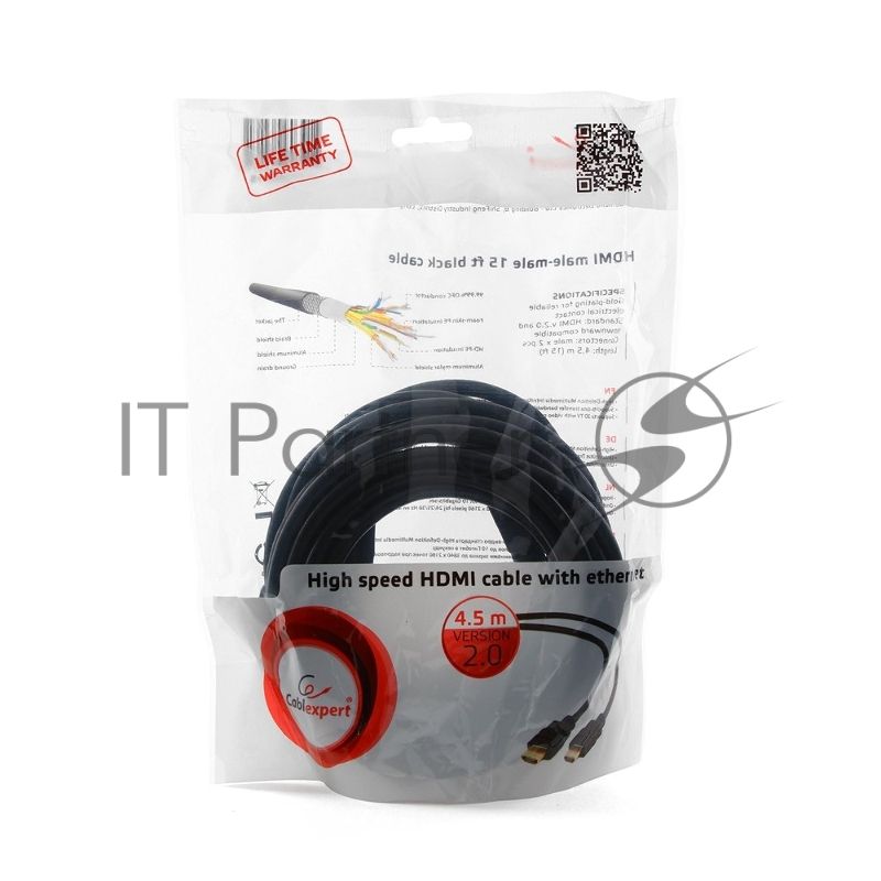 Кабель Cablexpert HDMI CC-HDMI4-15, 19M/19M, v2.0, медь, позол.разъемы, экран, 4.5м, черный, пакет