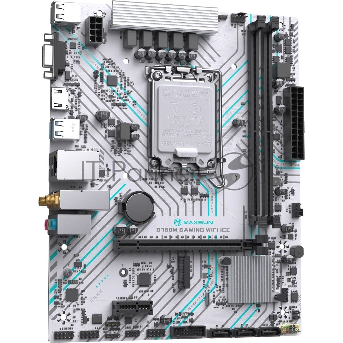 Материнская плата Maxsun B760M GAMING WIFI ICE, LGA 1700, Intel B760, 2xDDR4, 3xSATA, 1xM.2, 1xPCIe 4.0 x16, 1xPCIe x1, 1xVGA, 1xHDMI, 1x1Gb LAN, Wi-Fi 5, Bluetooth 4.2, 2xUSB-A 5Gbps, 4xUSB-A 2.0, 3x3.5 мм, 7.1, белый, mATX