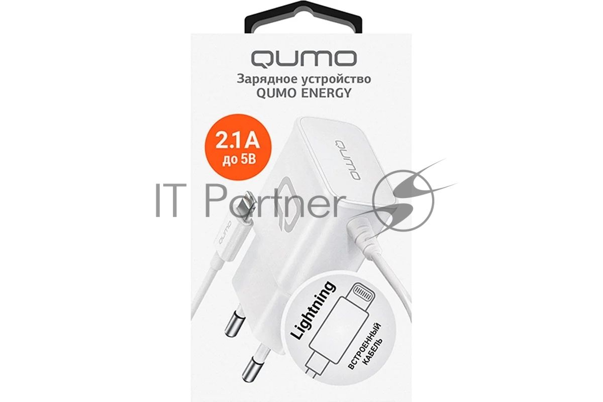 Сетевое зарядное устройство Qumo Energy (Charger 0026) 2.1A, встроенный кабель Lightning 8 Pin, белый