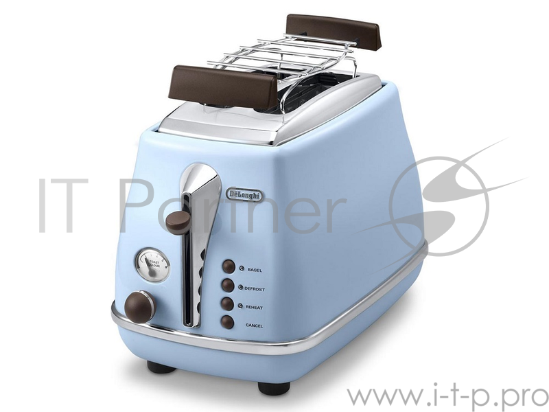 Тостер DeLonghi CTOV 2103.AZ, 900 Вт, на 2 тоста, разморозка, обжаривание, решетка для подогрева, поддон, голубой