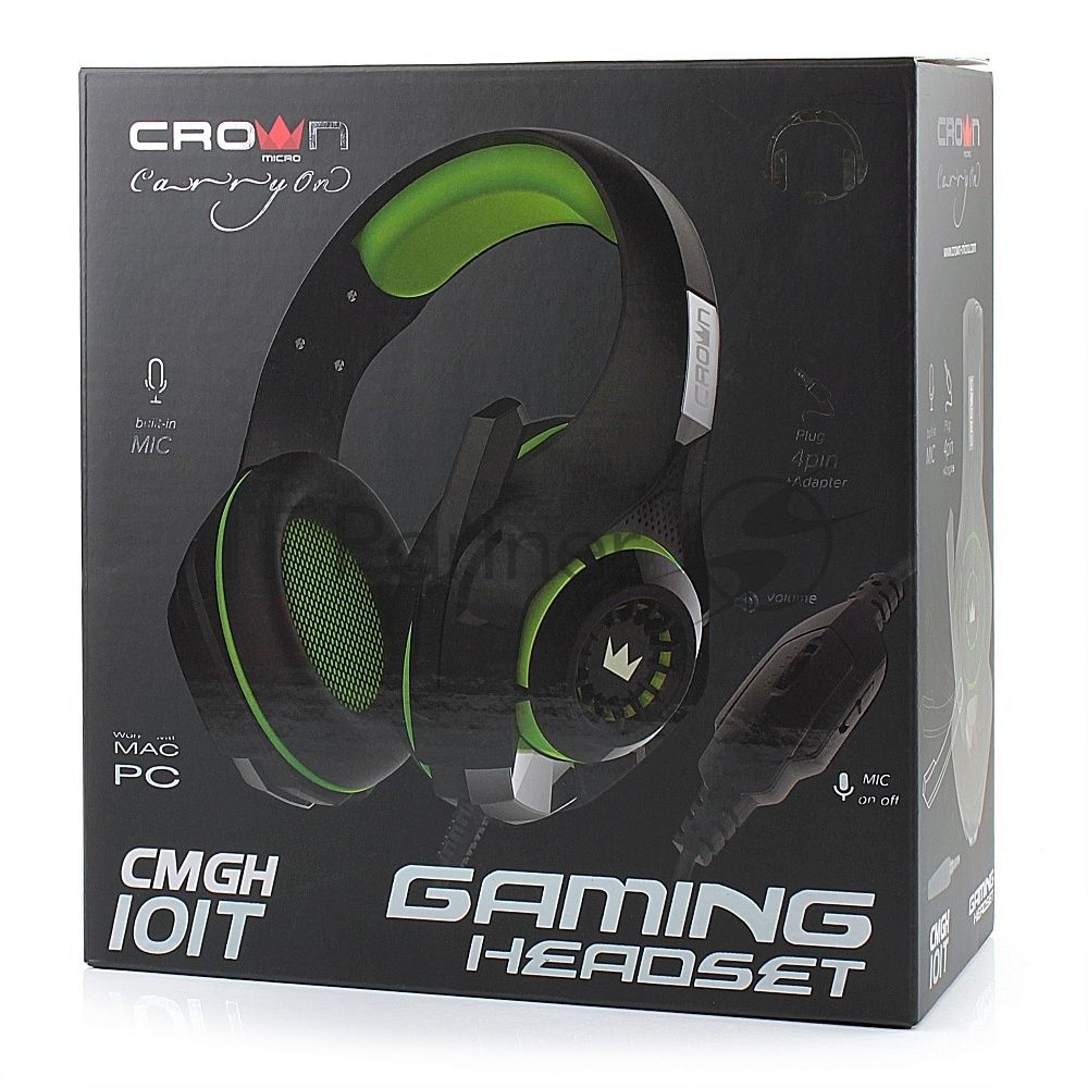 Гарнитура Crown CMGH-101T   jack 3.5 черный/зеленый