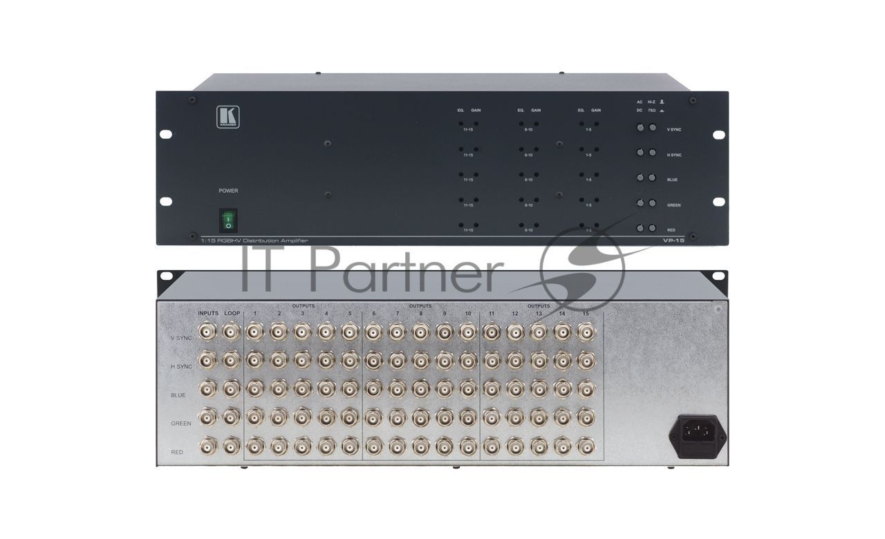 Усилитель-распределитель Kramer Electronics VP-15 1:15 сигналов RGBHV с регулировкой уровня сигнала и АЧХ, 350 МГц