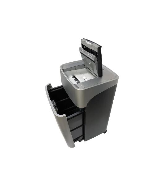 Шредер Office Kit SA375 серый/черный с автоподачей (секр.P-4) фрагменты 375лист. 42лтр. скрепки скобы пл.карты CD