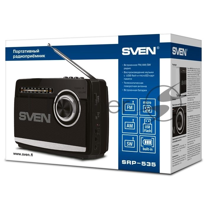 Радиоприёмник SVEN SRP-535 чёрный (3 Вт, FM/AM/SW, USB, SD/microSD, 900 мАч, 2 х D/UM, фонарь)