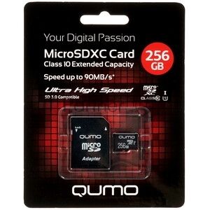 Карта памяти QUMO MicroSDXC 256 GB UHS-I, 3.0 , адаптер в комплекте SD, R/W 90/20 MB/s черно-красная картонная упаковка
