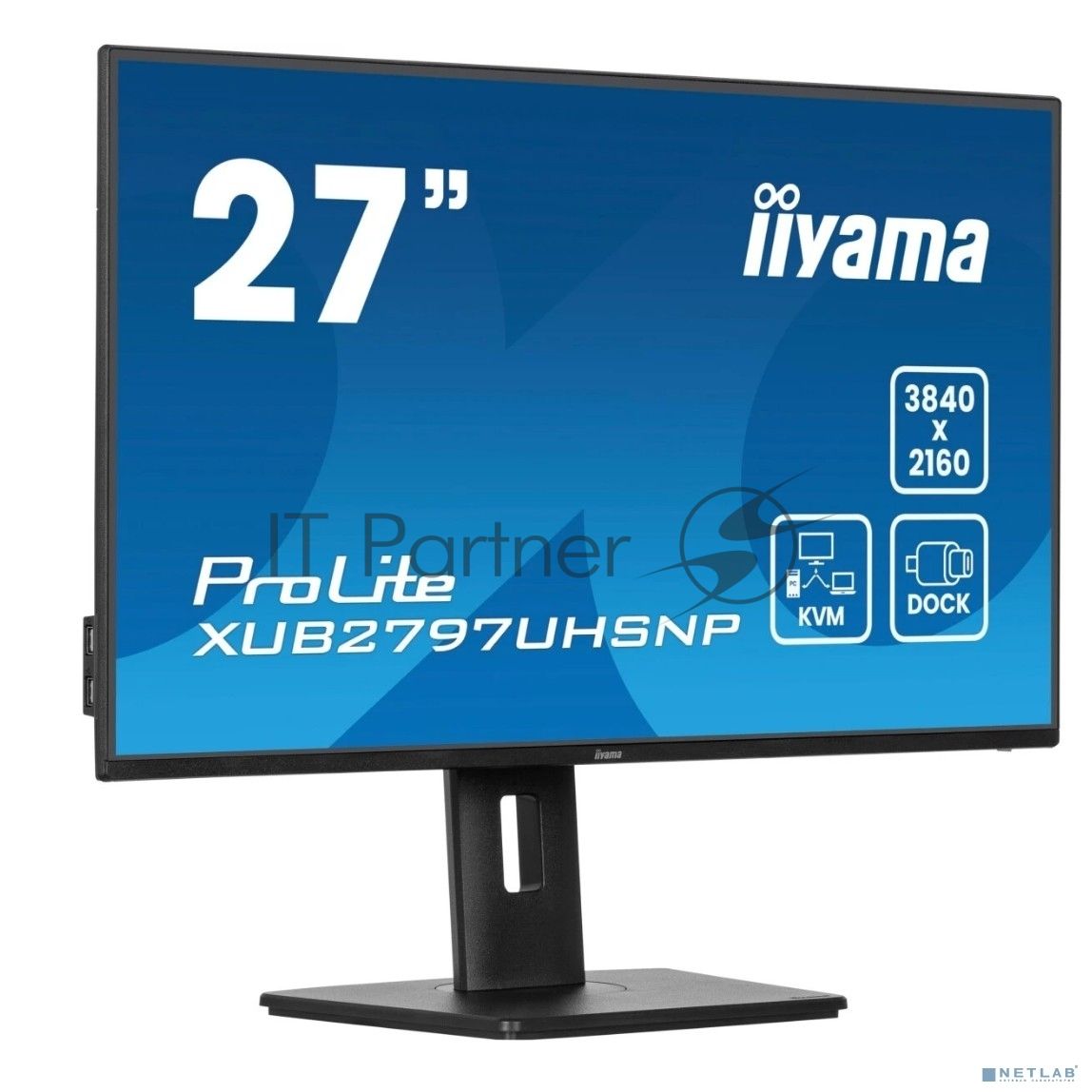 Монитор 27" iiyama XUB2797UHSNP-B1 IPS 4K 3840x2160, 60 Гц, 4 мс, 16:9, 350 кд/м², HDMI, DisplayPort, USB-A, USB-C (96 Вт), Ethernet, KVM-модуль, встроенные динамики, Flicker Free, Low Blue Light, трехсторонний безрамочный дизайн, регулировка по высоте, п